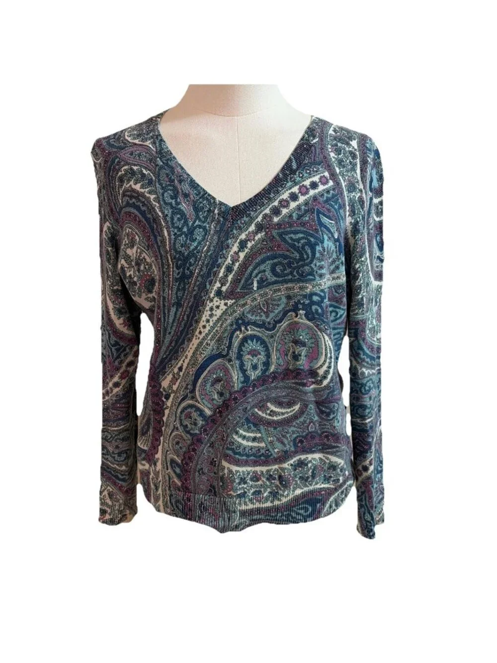 Talbots 100% Cotton Sweater Women's PS Blue Paisley V Neck Preppy Old Money